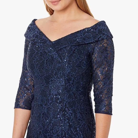 Alex Evenings Off the Shoulder lace and Sequence Dress, Navy, Size 8, NWT - Picture 4 of 15